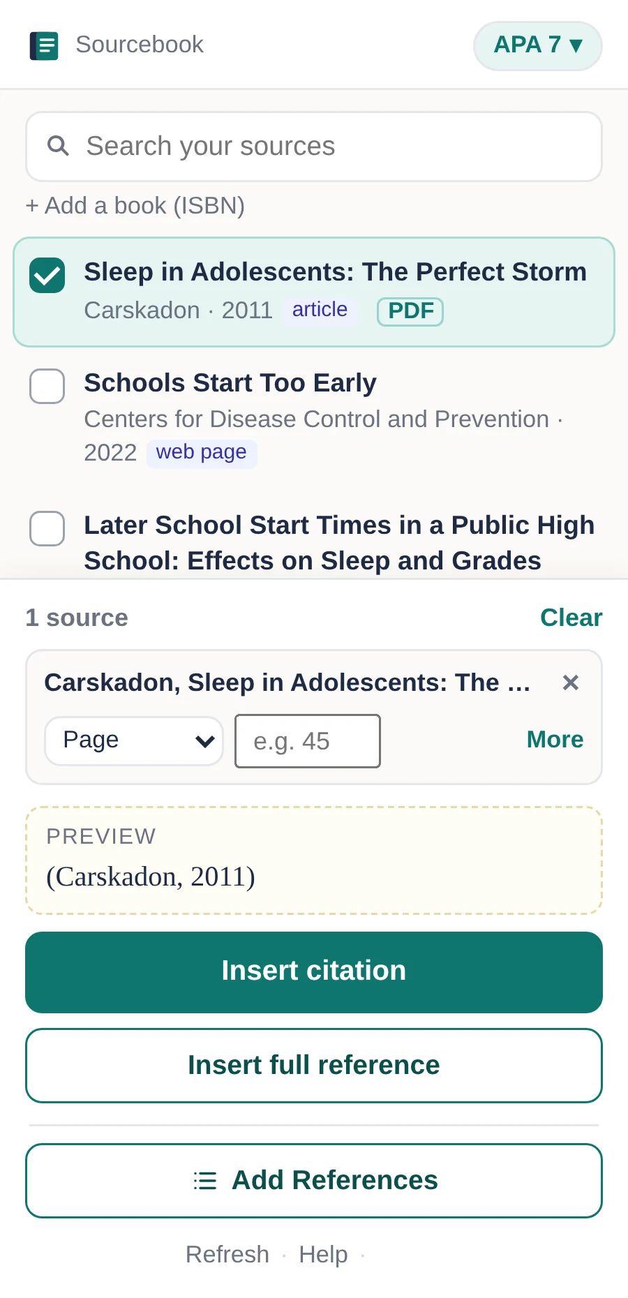 The Sourcebook Saver sidebar in Google Docs, listing saved sources ready to cite. Sample data.
