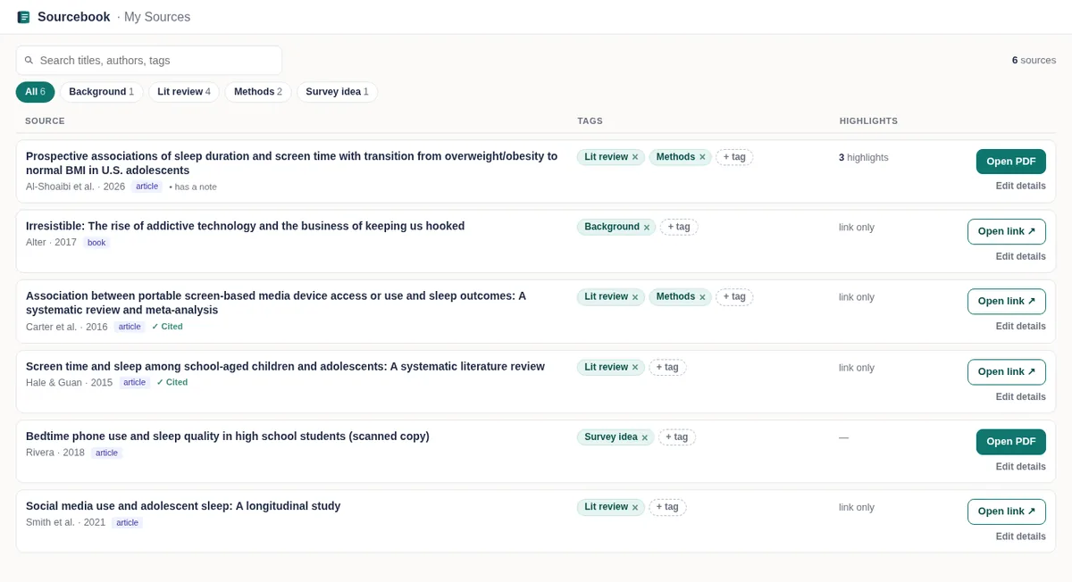 My Sources page listing saved sources with their tags, highlights and buttons to open each one. Sample data.