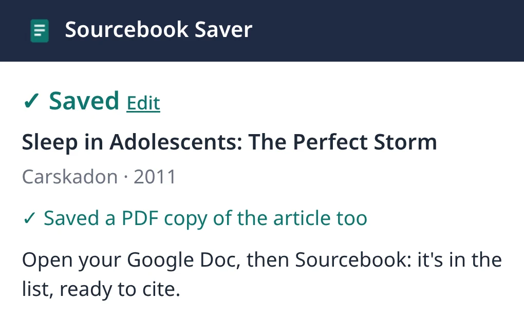 The Sourcebook Saver popup in Chrome saying the page was saved, with its citation details.