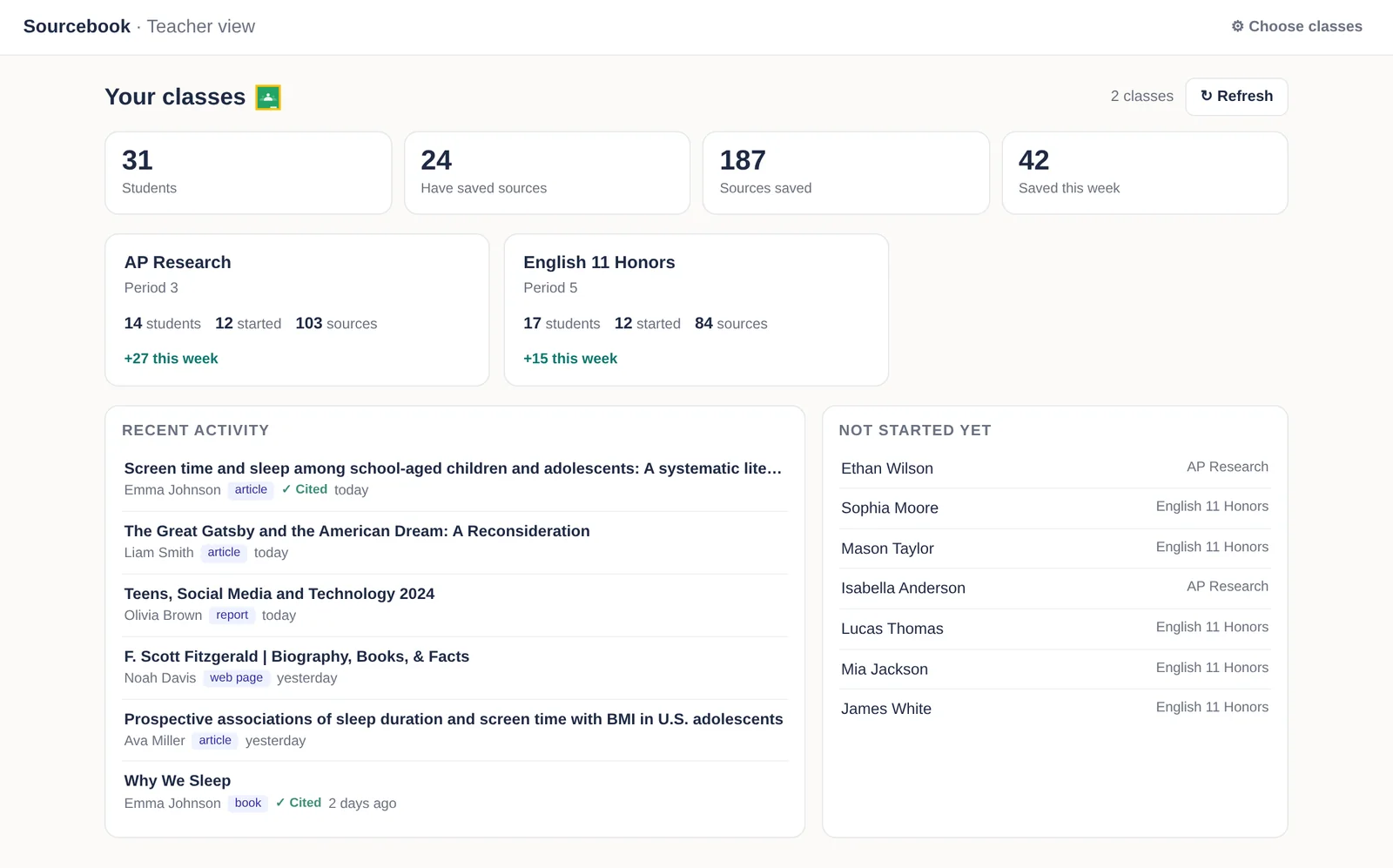 Teacher view with class cards and a student list. Sample data.